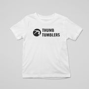 White t-shirt with 'Thumb Tumblers' logo on a gray background