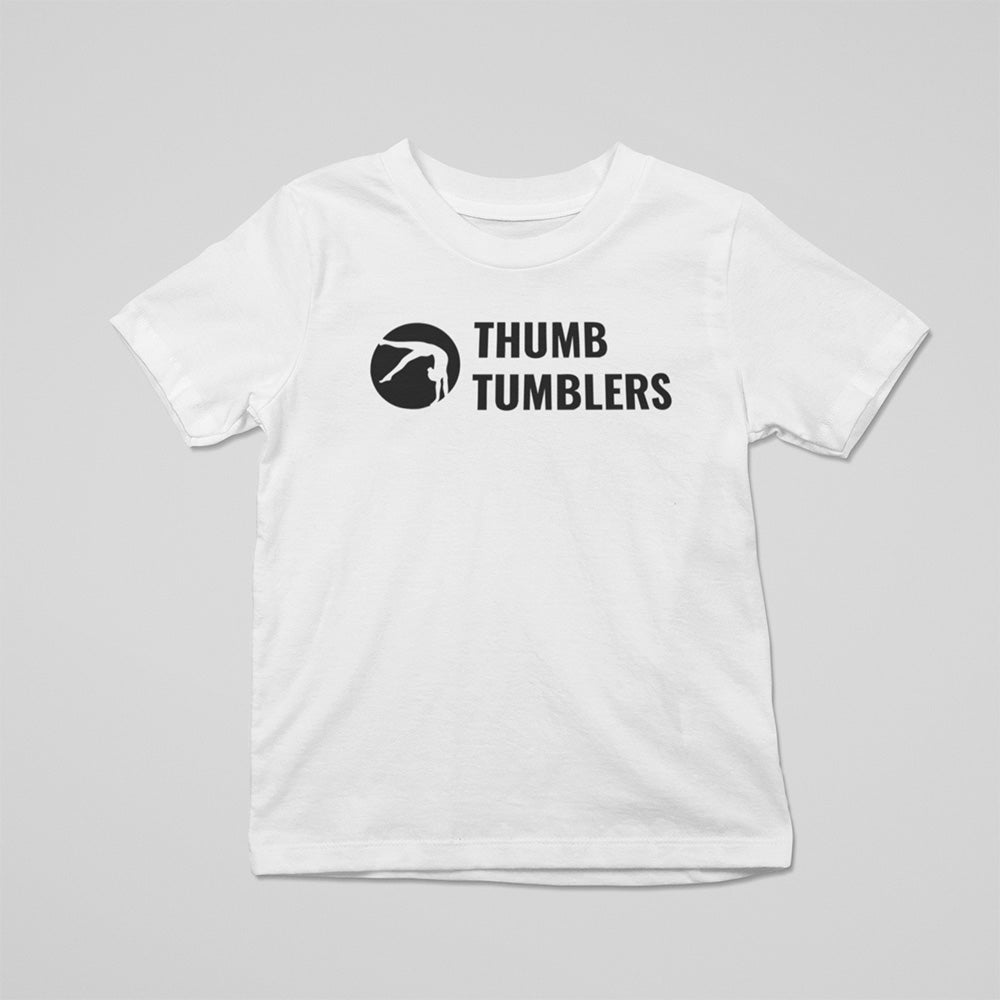 White t-shirt with 'Thumb Tumblers' logo on a gray background