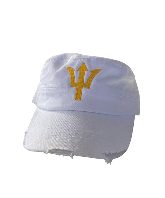 Distressed White Cadet Hat with Gold Trident