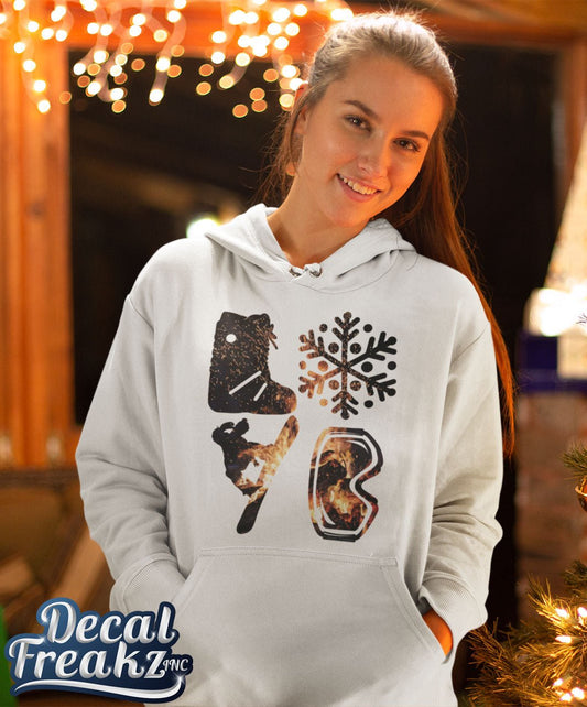 LOVE Snowboard Crackling Fire - T-Shirt, Long Sleeve, Crewneck, Hoodie With FREE Decal