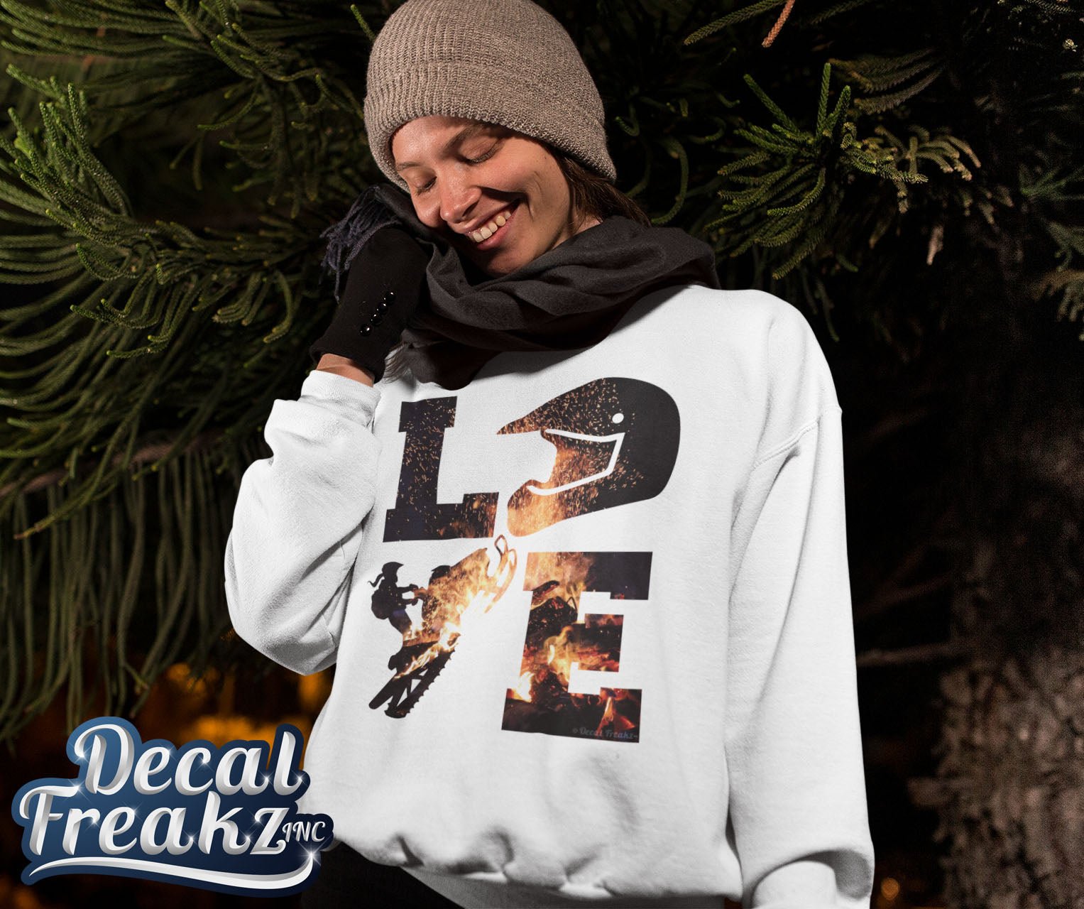 LOVE Snowmobile Crackling Fire - T-Shirt, Long Sleeve, Crewneck, Hoodie With FREE Decal - DecalFreakz