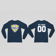 Front and back views of a navy blue long-sleeve t-shirt. The front features a shield-shaped 'GAYLORD' logo with yellow, white, and gold details.
