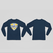 Front and back views of a navy blue long-sleeve t-shirt. The front features a shield-shaped 'GAYLORD' graphic in yellow, white, and light blue.