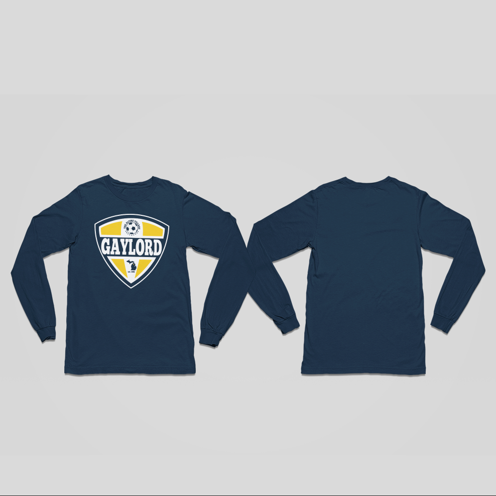 Front and back views of a navy blue long-sleeve t-shirt. The front features a shield-shaped 'GAYLORD' graphic in yellow, white, and light blue.