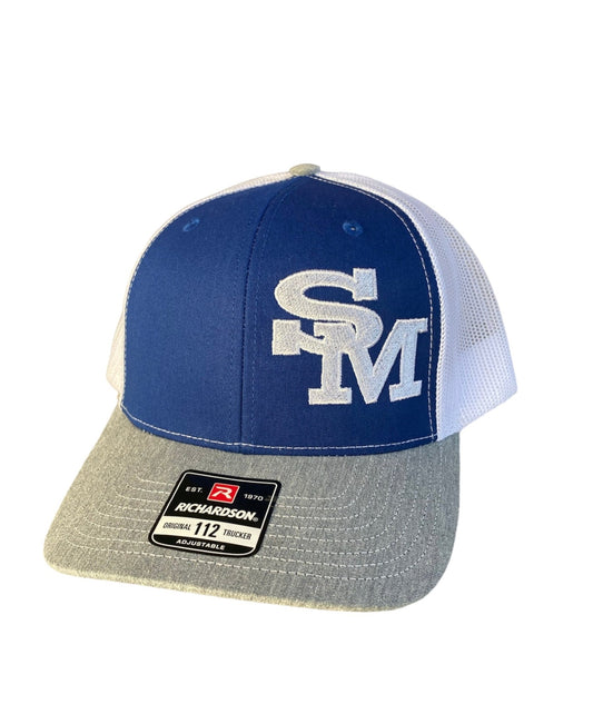 Royal Blue and Grey White SM Snapback Hat - DecalFreakz