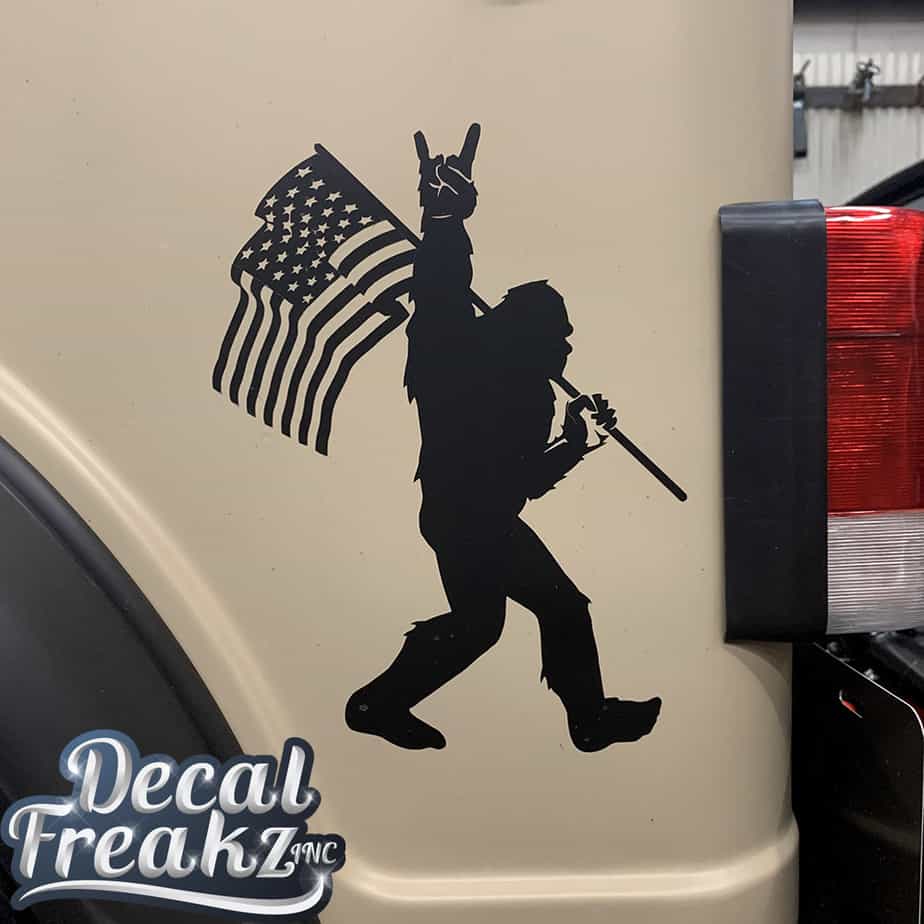 Sasquatch Rock on American Flag Bigfoot Decal – Solid Black - DecalFreakz