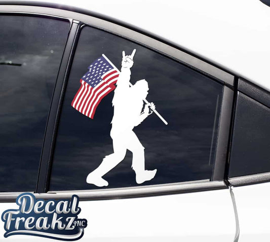 Sasquatch Rock on American Flag Bigfoot Decal – White with Color Flag - DecalFreakz