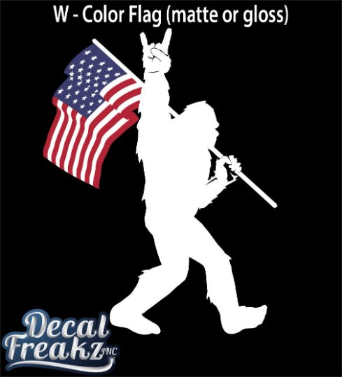Sasquatch Rock on American Flag Bigfoot Decal – White with Color Flag - DecalFreakz