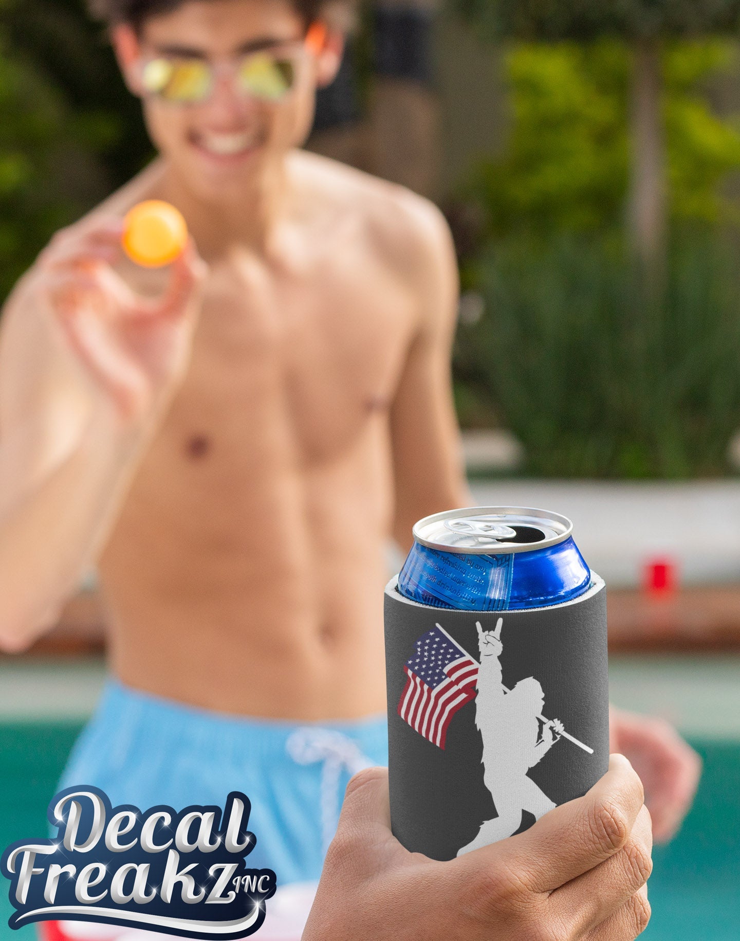 Sasquatch Rock On American Flag Can Koozie - DecalFreakz